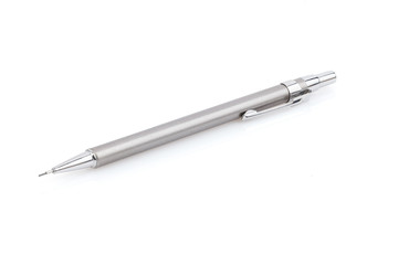 Silver metal mechanical pencil on white background. Mechanical pencil isolated on white. Close-up....