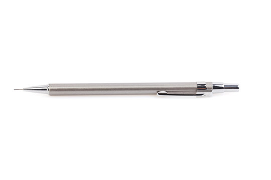 Silver metal mechanical pencil on white background. Mechanical pencil isolated on white. Close-up.