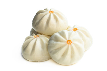Steamed bao buns with delicious filling isolated on white