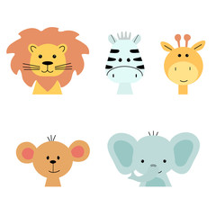 A set of animal faces. Cute giraffe, elephant, Zebra, monkey and lion. Flat cartoon vector illustration.