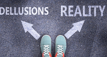 Dellusions and reality as different choices in life - pictured as words Dellusions, reality on a road to symbolize making decision and picking either one as an option, 3d illustration