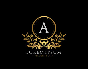 Luxury Boutique Logo. Letter A with gold calligraphic emblem and classic floral ornament. Classy Frame design Vector illustration.