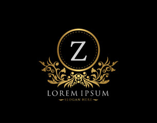 Luxury Boutique Logo. Letter Z with gold calligraphic emblem and classic floral ornament. Classy Frame design Vector illustration.