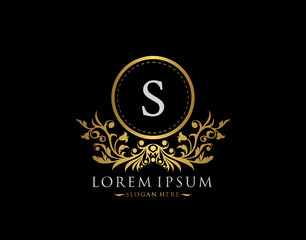 Luxury Boutique Logo. Letter S with gold calligraphic emblem and classic floral ornament. Classy Frame design Vector illustration.