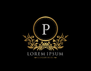 Luxury Boutique Logo. Letter P with gold calligraphic emblem and classic floral ornament. Classy Frame design Vector illustration.
