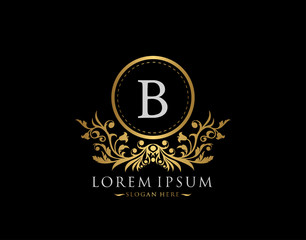 Fototapeta premium Luxury Boutique Logo. Letter B with gold calligraphic emblem and classic floral ornament. Classy Frame design Vector illustration.