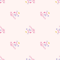 Cartoon cute doodles hand drawn Musical seamless pattern. Colorful detailed. Bright colors backdrop with music symbols and items