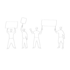 Young men at picket. Ecoactivist holds poster at rally. People go to political demonstrations. Men are protesting. Hand drawn flat vector illustration
