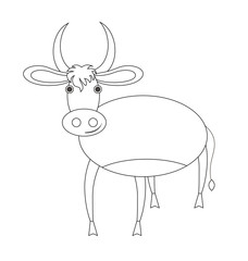 A funny flat white cow drawn with a black outline. She stands sideways. Drawing isolated on white background. Stock vector illustration.