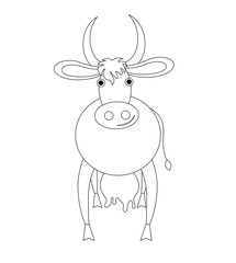 A funny flat white cow drawn with a black outline. She stands in front. Drawing isolated on white background. Stock vector illustration.