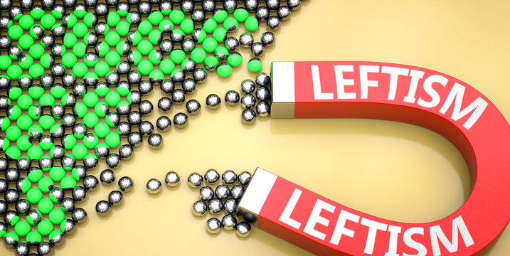 Leftism attracts success - pictured as word Leftism on a magnet to symbolize that Leftism can cause or contribute to achieving success in work and life, 3d illustration