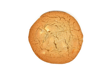 Top view of white chocolate chip cookie isolated on white background