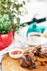 photos of dishes grilled meat French fries in cafes bright Sunny natural light