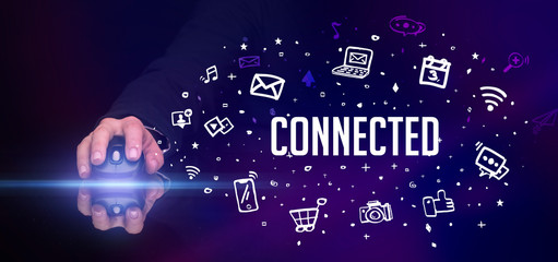 hand holding wireless peripheral with CONNECTED inscription, social media concept
