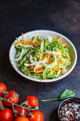 vegetables salad snack Peking savoy cabbage, onions, carrots, peppers and other vegetarian serving portion size natural product top view place for text copy space keto or paleo diet raw