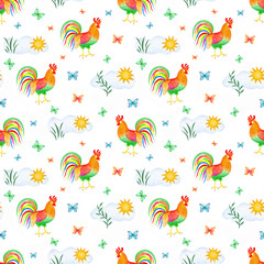 Obraz premium Rooster, sun, butterfly summer watercolor pattern. Illustration for printing, backgrounds, wallpapers, covers, packaging, greeting cards, posters, stickers, textile and seasonal design.