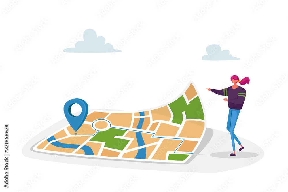 Poster tiny female character stand at huge paper map with gps pin finding correct way in city satellite geo