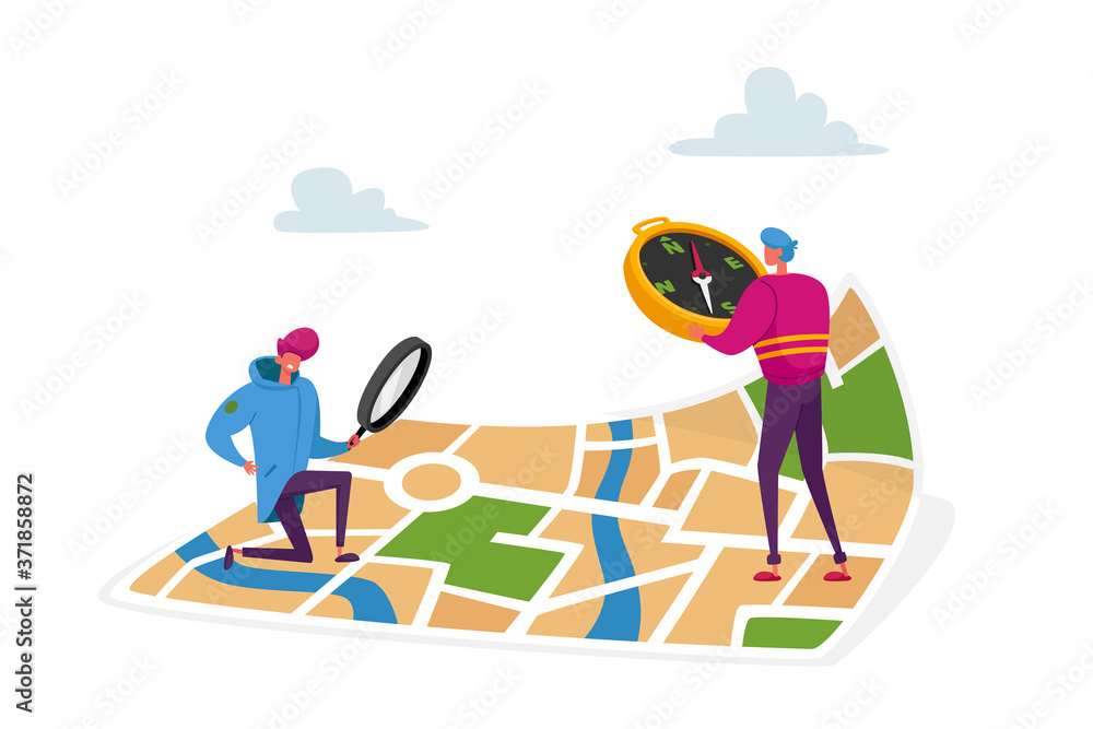 Poster tiny characters orienteering at huge paper map. men with magnifier and compass searching correct way