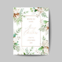 Merry Christmas and New Year 2020 Card with Pine Wreath, Mistletoe, Winter Cotton flower design illustration
