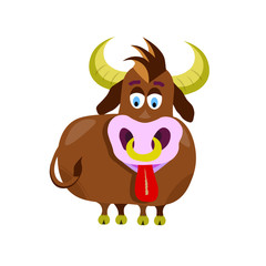 Cartoon cute bull. Vector illustration for printing, backgrounds, wallpapers, covers, packaging, greeting cards, posters, stickers, textile and seasonal design. Isolated on white background.