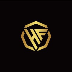 H F initial logo modern triangle and polygon design template with gold color