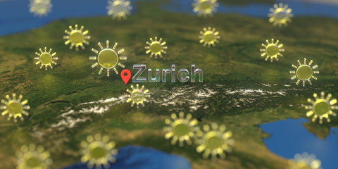 Zurich city and sunny weather icon on the map, weather forecast related 3D rendering