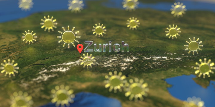 Zurich city and sunny weather icon on the map, weather forecast related 3D rendering © Alexey Novikov