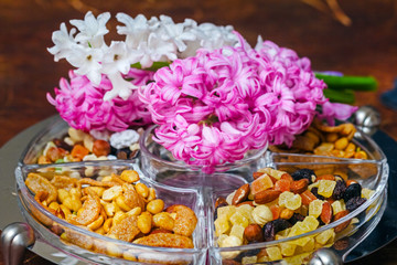 Nuts and white and pink hyacinths