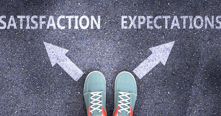 Satisfaction and expectations as different choices in life - pictured as words Satisfaction, expectations on a road to symbolize making decision and picking either one as an option, 3d illustration