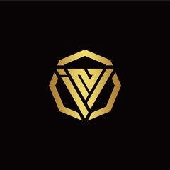 I N initial logo modern triangle and polygon design template with gold color
