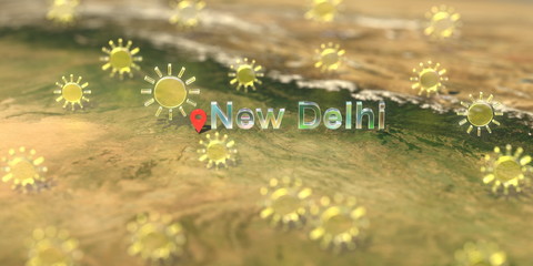 Sunny weather icons near New Delhi city on the map, weather forecast related 3D rendering