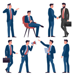 Set of flat design young businessman characters. Various poses, gestures and everyday activities. Working, chatting, phonning, working and showing different emotions.