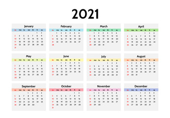 Calendar for 2021 isolated on a white background