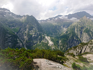 Obraz premium View of the mountain in the middle plan from the mountain station of the funicular, which is the steepest ascent in Europe by train (106% slope angle) Gelmer, Alps, Switzerland.