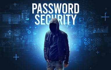 Faceless man with PASSWORD SECURITY inscription, online security concept