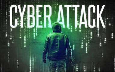 Faceless hacker with CYBER ATTACK inscription, hacking concept