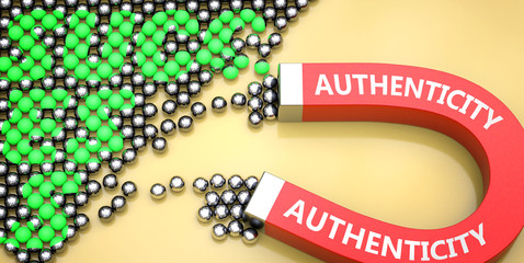 Authenticity attracts success - pictured as word Authenticity on a magnet to symbolize that Authenticity can cause or contribute to achieving success in work and life, 3d illustration
