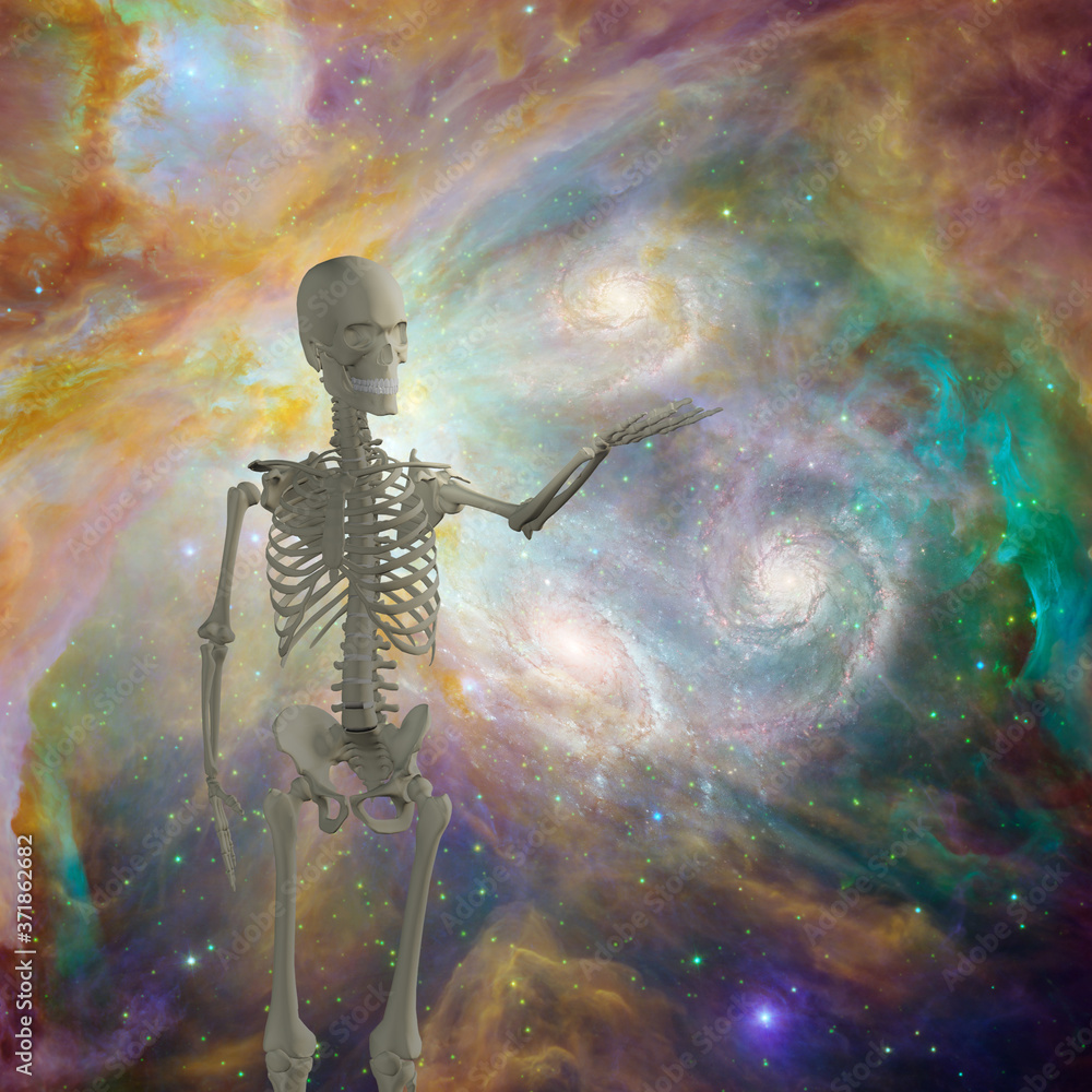 Poster skeleton holds light in deep space. 3d rendering
