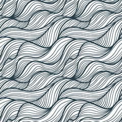 Seamless pattern with black linear waves. Design for backdrops and colouring book with sea, rivers or water texture. Repeating texture. Figure for textiles. Print for the cover of the book, postcards.