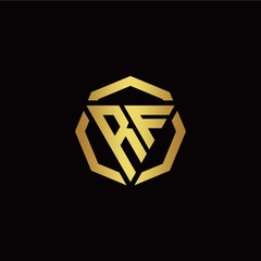 R F initial logo modern triangle and polygon design template with gold color