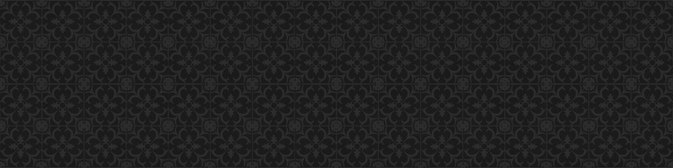 Fototapeta na wymiar old grunge black anthracite dark gray grey vintage square mosaic tiles wall texture with floral flower seamless pattern print wallpaper texture background banner panorama