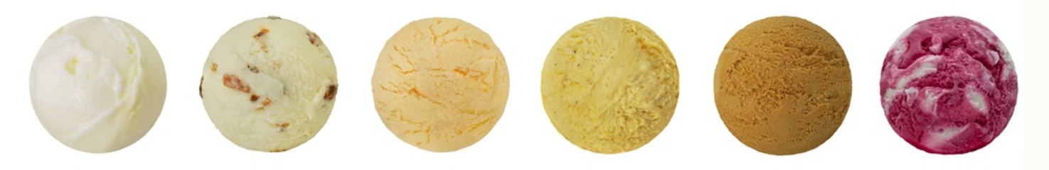 Set of various ice cream balls or scoops