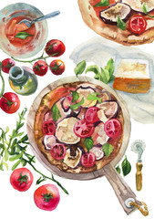 watercolor illustration of Italian pizza and ingredients top view . Italian food menu design template.