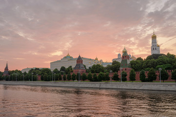 Moscow Kremlin Embankment and Moscow River at sunset. Architecture and landmark of Russia.