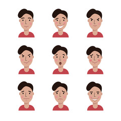 Cartoon character of young man with different emotions: angry, sad, happy, tricky, surprised, shy, glad etc. Flat style, vector illustration for avatar