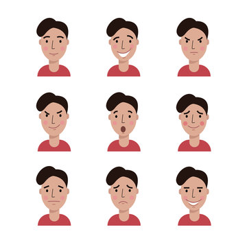 Cartoon character of young man with different emotions: angry, sad, happy, tricky, surprised, shy, glad etc. Flat style, vector illustration for avatar