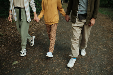 Low section of contemporary family holding by hands while walking in forest