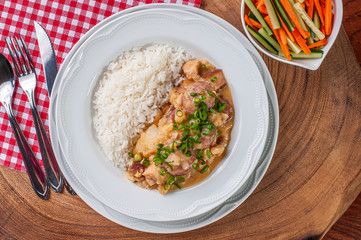 .Puchero. Dish made with white beans, chickpeas, sausage, bacon and vegetables. Dish of Spanish origin very common in Brazil and South America. Top view.