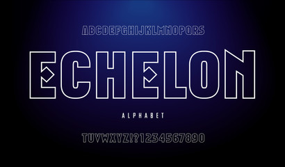 Echelon; Retro-Future Game or Sci-Fi Brand or Logo Alphabet. Good Font for Technology or Space Theme, as well as Sports. Futuristic Outline Style with Unusual Letterforms.