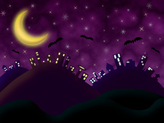 halloween night dark purple cloudy background city illustration with moon bats